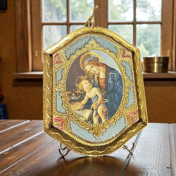 Vintage Madonna & Child Religious Ornament, Italian-Style Gold Gilded - Picture 1 of 4